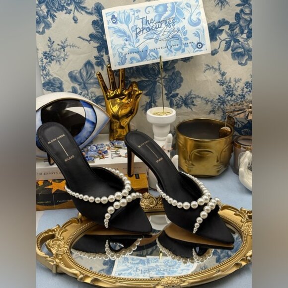 🆕 BLACK SUEDE STUDIO 🧿 NWOB Gigi 80 Pearl Black Satin Mule Sandals, Sz 40 US 9 - Picture 3 of 16